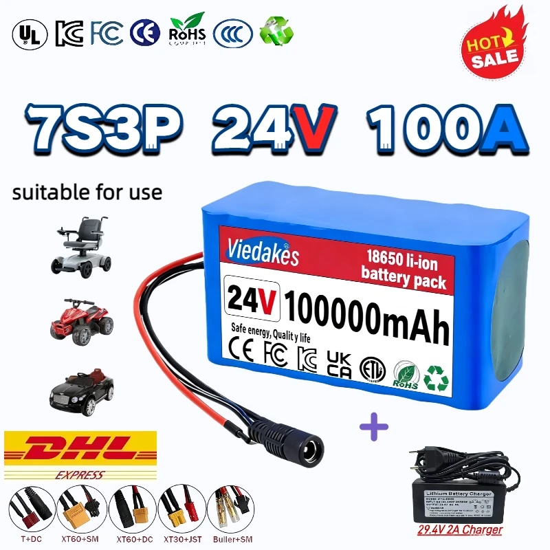 

24V 7S3P 18650 Lithium Ion Battery Pack 100Ah 29.4V with 2A Fast Charger Built-in BMS Replacement for Ebike Scooter Pool Cleaner