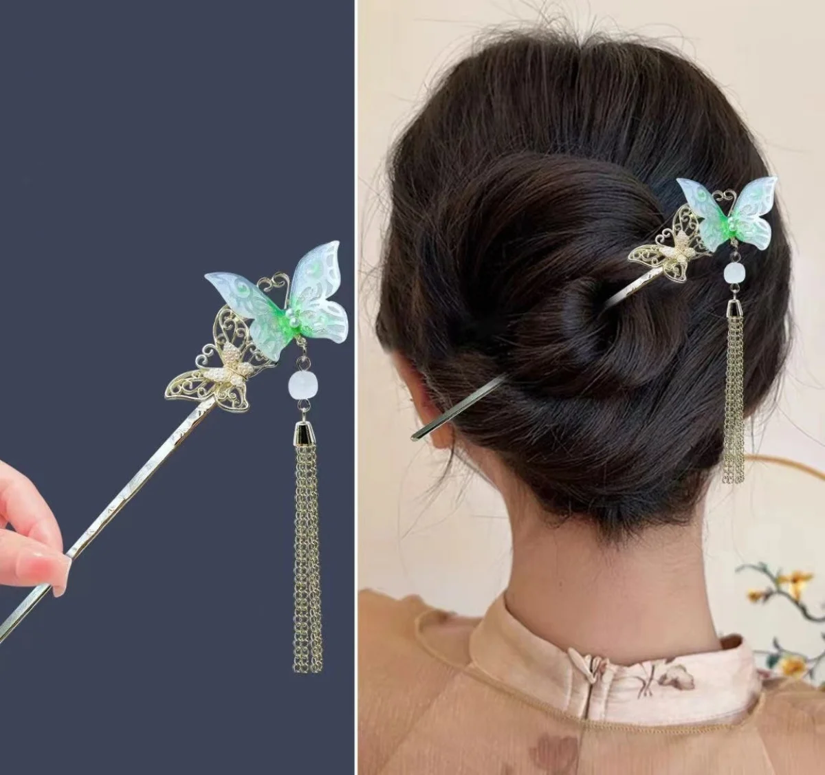 Jepit Rambut Gaya Cina 18Cm Stik Rambut Rumbai Kupu-kupu Bunga Elegan untuk Wanita Aksesori Rambut Perhiasan Logam Hanfu Antik 1 Buah