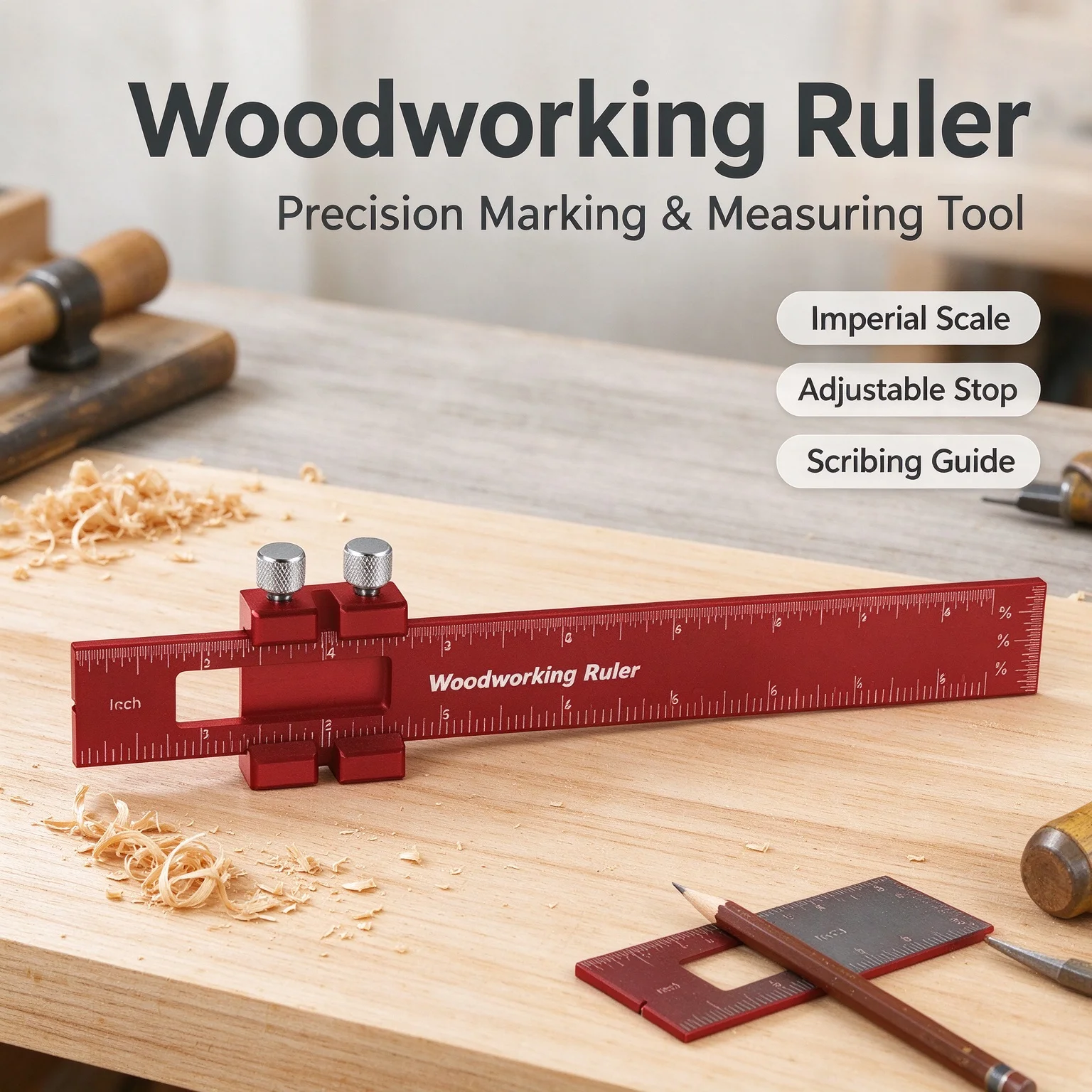 Aluminum Alloy 3 Sets of Red T-shaped Woodworking Tools Round Hole Ruler Portable Woodworker DIY Multifunctional Scriber Ruler