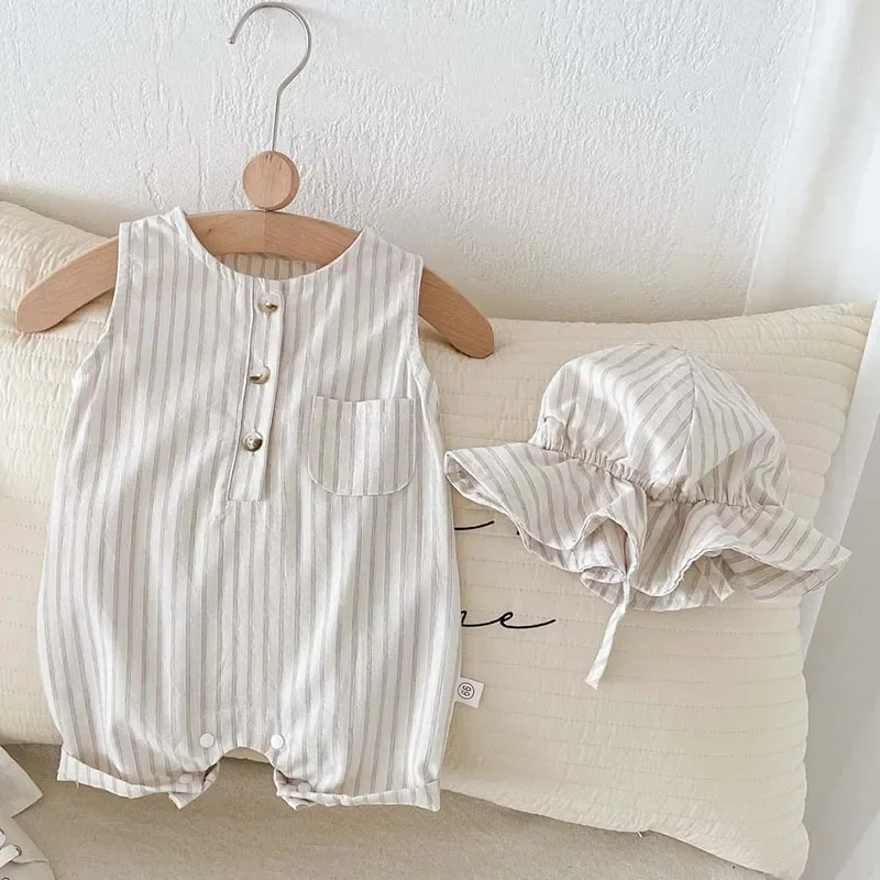 2025 New Summer Newborn Baby Boys Girls Romper+Hat Sleeveless Cotton Stripe Toddler Baby Girls Jumpsuit 0-24M Baby Clothing 3