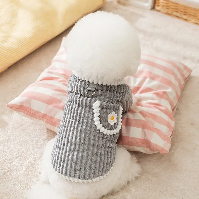 Winter Puppy Dog Clothes Simple Flower Pocket Two Legs Cotton Coat Thickened Warm Teddy Bikini Bear Clothing Pet Cute Coat