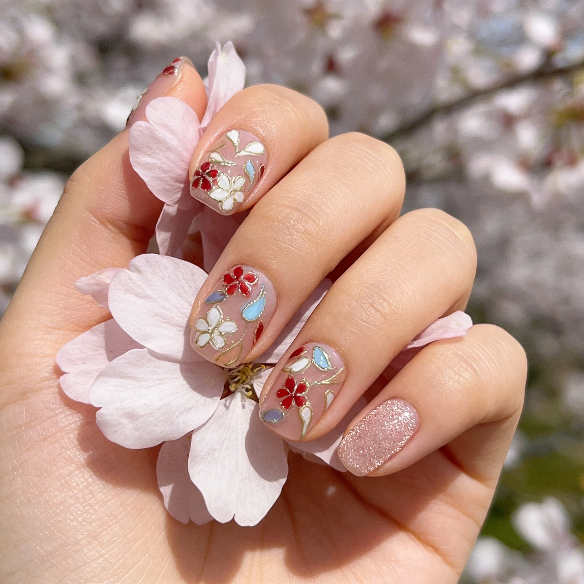 

10pcs Enamel Flower Cat's Eye Handmade Nail Hand-Painted Floral Nail Sticker Press on Nail Short Ladder Fake Nail for Women&Girl