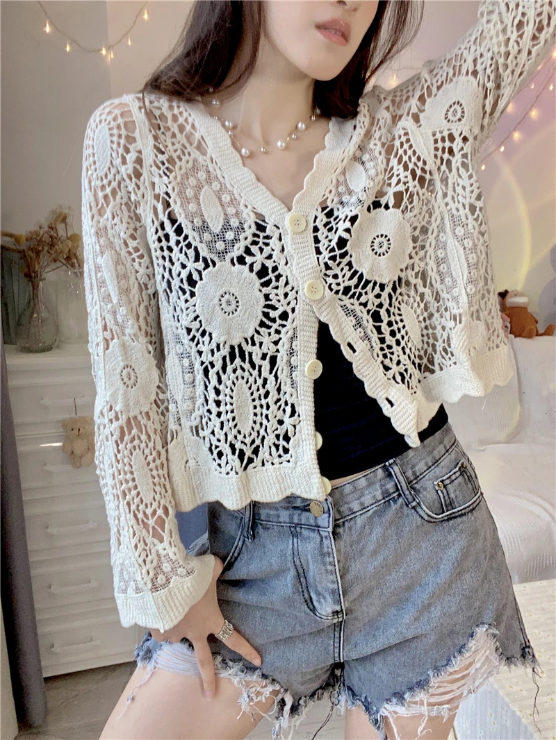 Sexy V-neck Hollow Out Crochet Lace Cardigan Women Spring Summer Long Sleeve Lace Shirts Korean Style Girls Beige White Crop Top