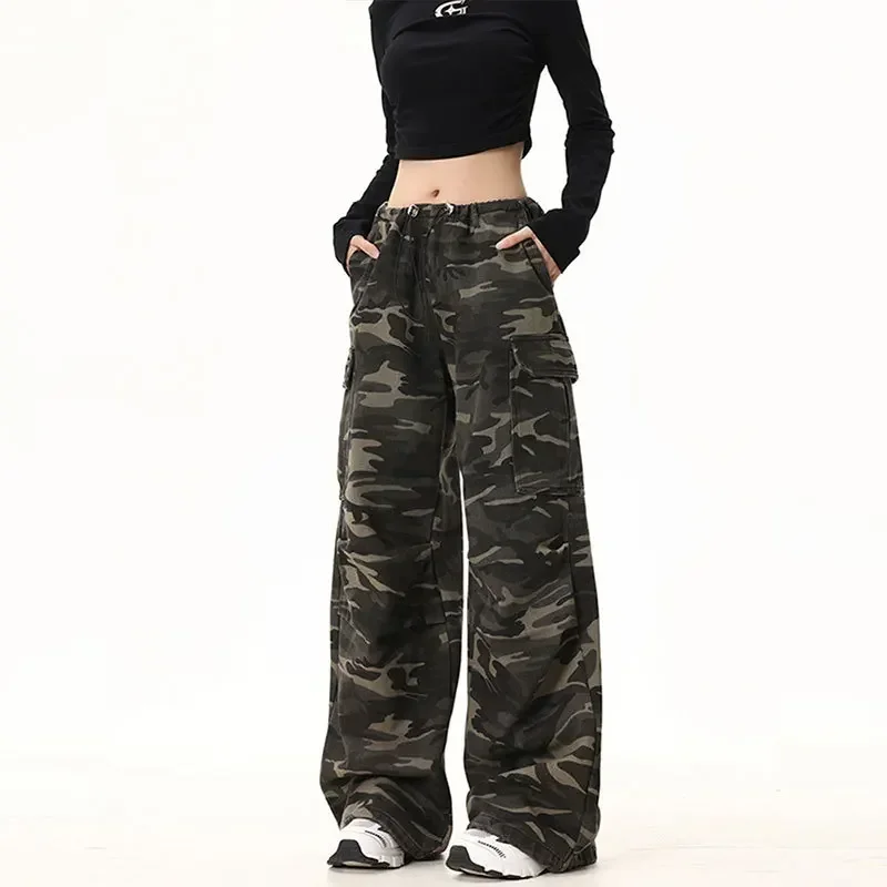 الرجال البضائع السراويل الطابق طول بانت التمويه فضفاض عادية العادية الرباط مرونة الخصر مستقيم بنطلون خريف 2025 جديد