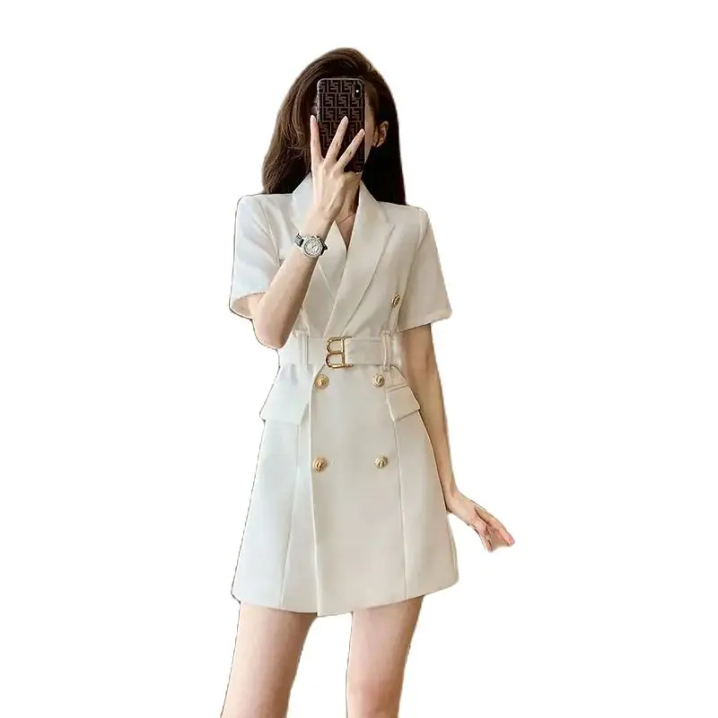 

Summer French Mid-Long Suit Collar Dress Women 2024 New Fashion Loose Waistband Double-Breasted White Temperament Dresss Female