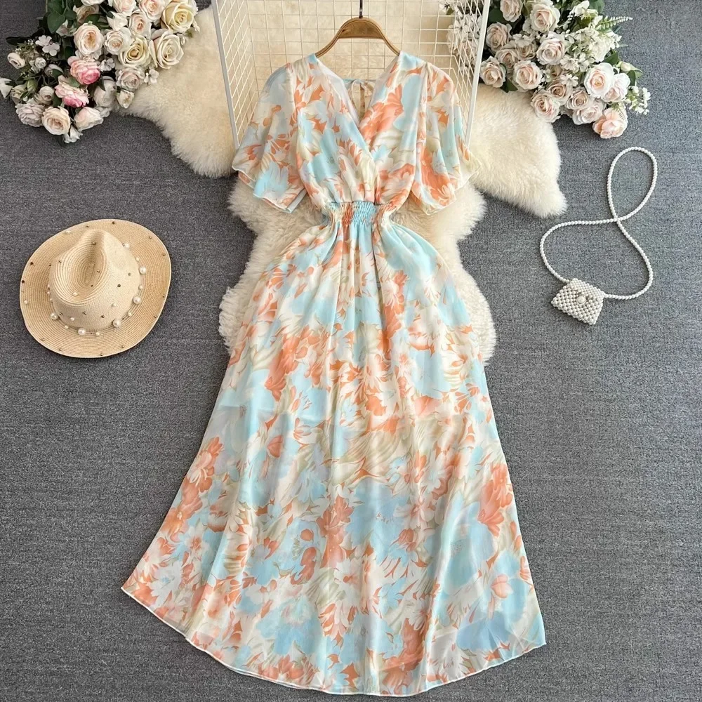 

Women Chiffon V-neck Short Sleeve Slim Waist Floral Print Party Dresses Loose Beach Vestidos 2024 New Summer Long Dress