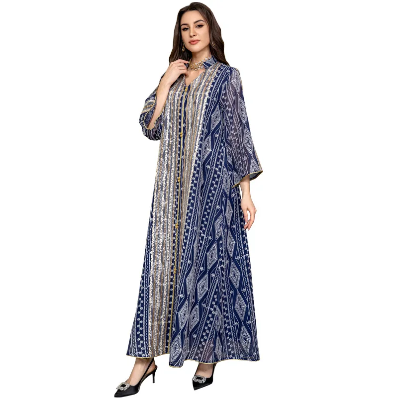 

Dubai Luxury Sequin Muslim Fashion Dress Caftan Evening Party Dresses Robe Muslim Long Sleeve V-neck Embroidery Long Abaya