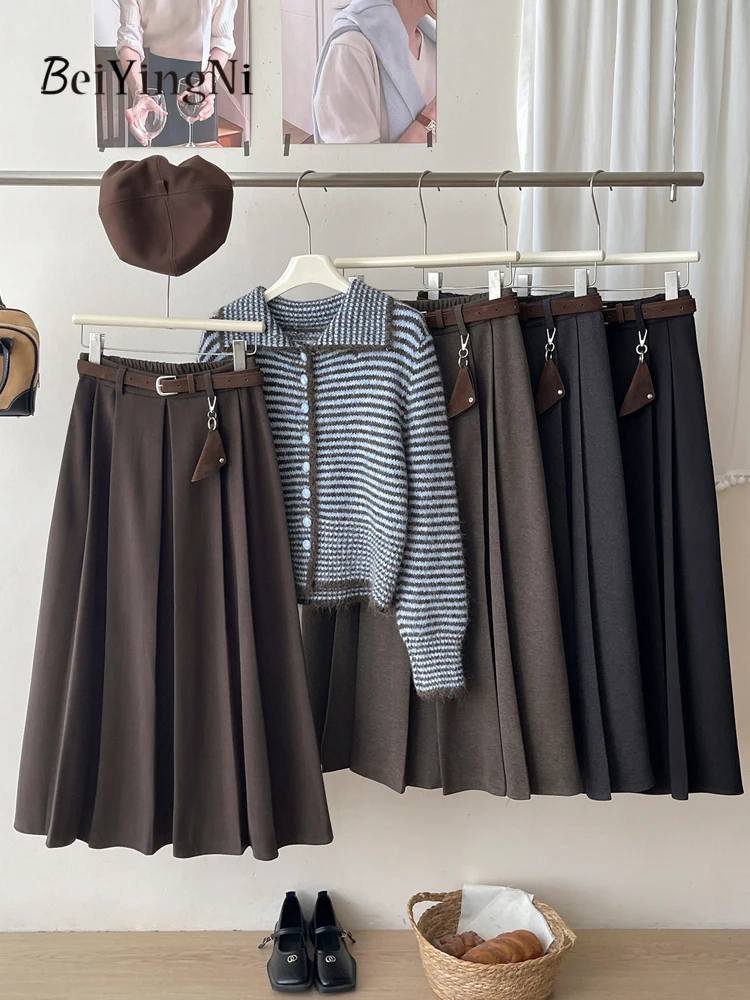 

Beiyingni Vintage Korean Women's Midi Pleated Skirt With Belt Autumn Winter Warm Woolen High Waist Faldas Casual OL Black Skirts