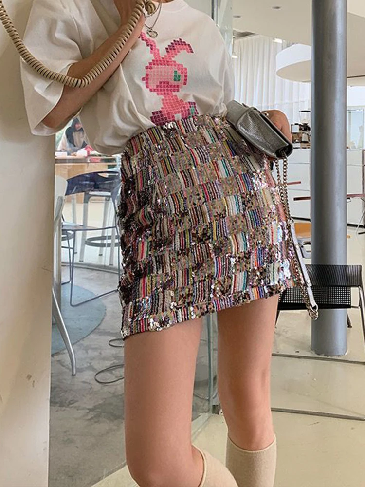 

2024 Summer New Short Skirt Y2K Shiny Sequin Women's Korean Fashion High Waist Bodycon Mini A-line Skirt Streetwear