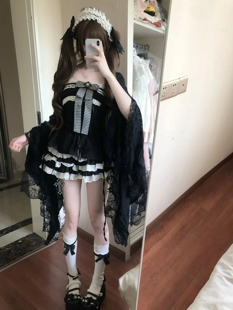 Japanische Kawaii Spitze Patchwork Sets Frauen Sommer Neue Bogen Weste + Mini Puffy Rock Anzug Harajuku Nette Design Zwei Stück set2025