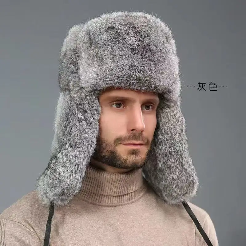 

Rabbit Fur Cap Man Winter Genuine 100% Fur Bomber Hat Windproof Warm Earmuffs Male Flat Grey/Black Russian Hat Fitted Casquette