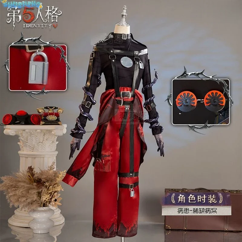 Identidade v emil paciente caso raro cosplay traje peruca máscara óculos topo cintos de couro calças bloqueio branco vermelho cabelo jogo acessórios
