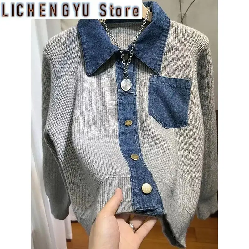 

Design Sense Polo Neck Denim Stitching Sweater Women Early Autumn Winter Blouse Loose Fashion Long Sleeve Female Sweater