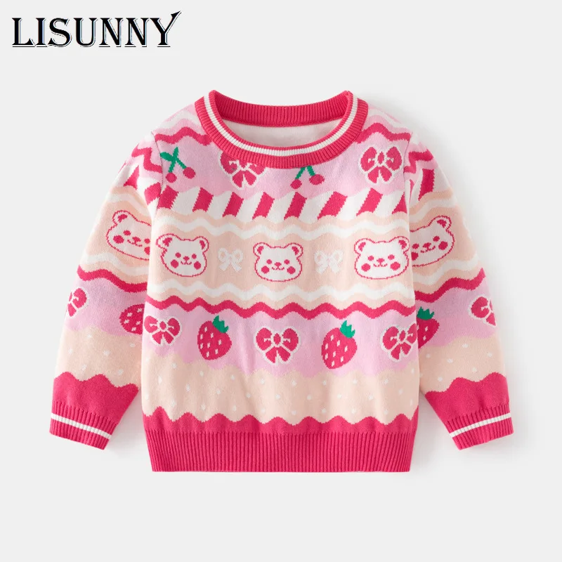 

2023 Autumn Children Clothing Kids Sweater Girl Sweater Baby Pullover Strawberry Bear Jacquard Toddler Clothes Lolita Style 2-7y