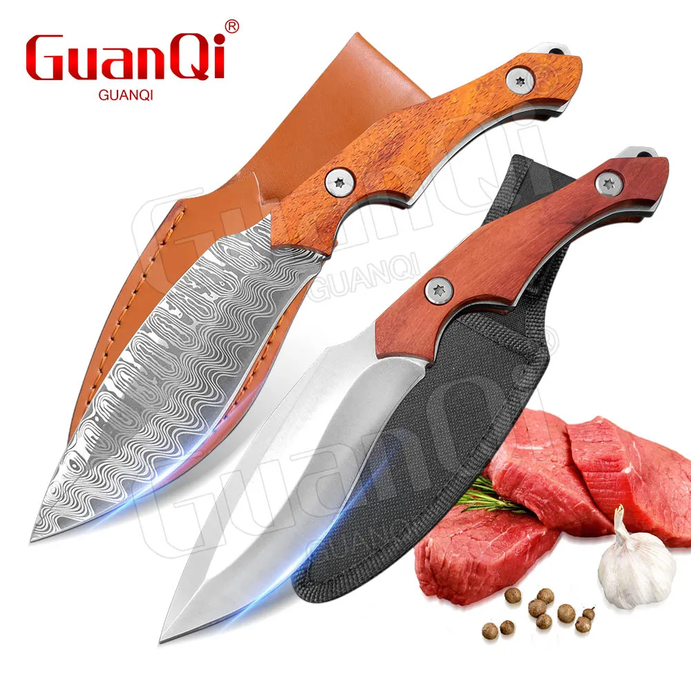 Butcher Knife Damascus Laser Pattern Chinese Boning Knife For Kitchen Wood Handle Knives With Leather Case