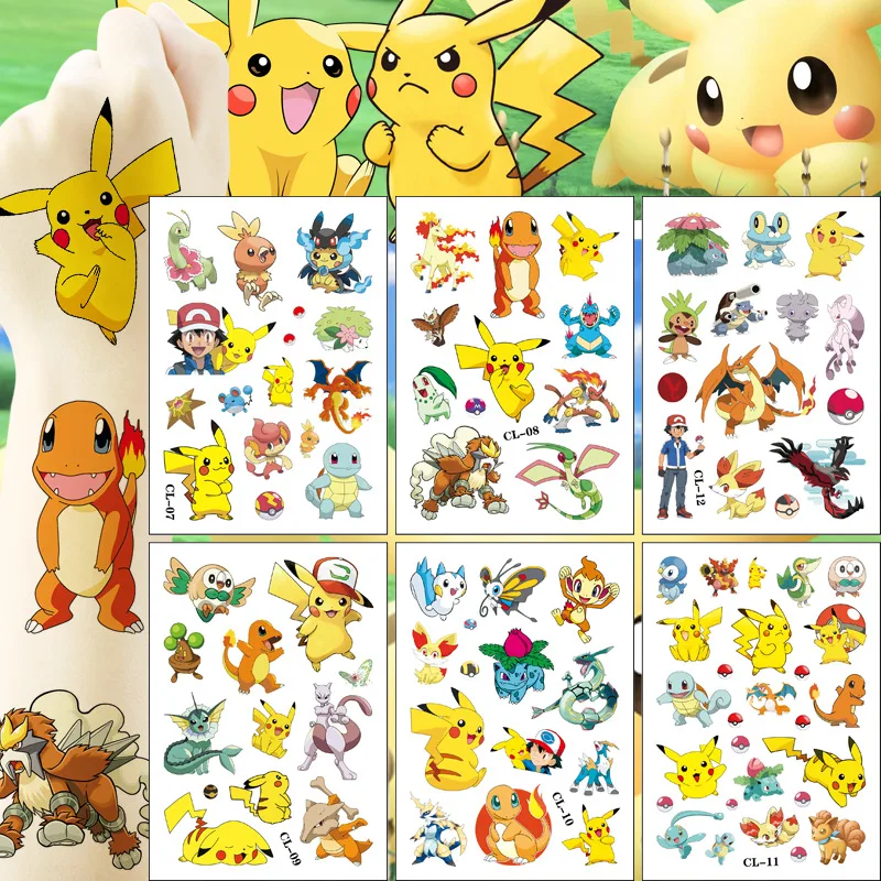 Impermeável Cute Cartoon Tattoo Stickers, Pokemon, Pikachu, Luigi, Engraçado, Crianças, Meninas, Natal, Presente de aniversário, Brinquedo Recompensa, 6pcs