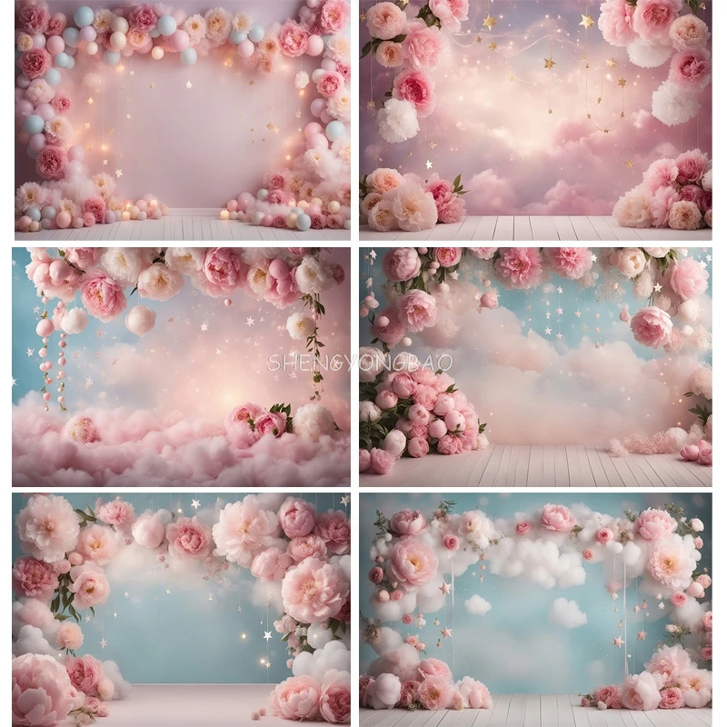 

Pastel Pink Peony Digital Photography Background Mother's Day Backdrop Balloons Floral Baby Shoots Birthday Party Prop MQ-01