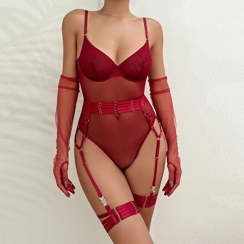 

#5034 Black Red Mesh Body Suit Women Thin Sexy Stretch Body One Piece Erotic Lingerie Set Bandage See Through Mesh Bodysuit