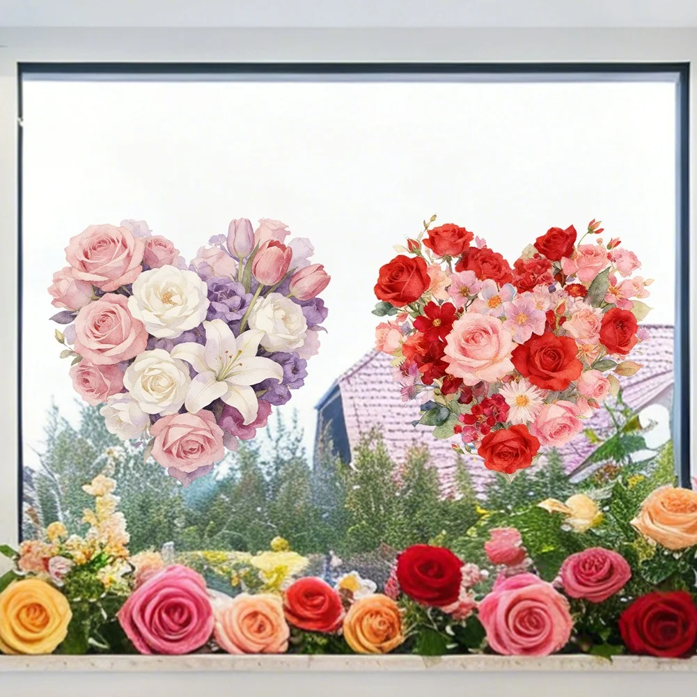 Set of 2 Pink Floral Heart Static Window Decals PVC 30 30cm Easy apply Static Cling for glass decor and interiors