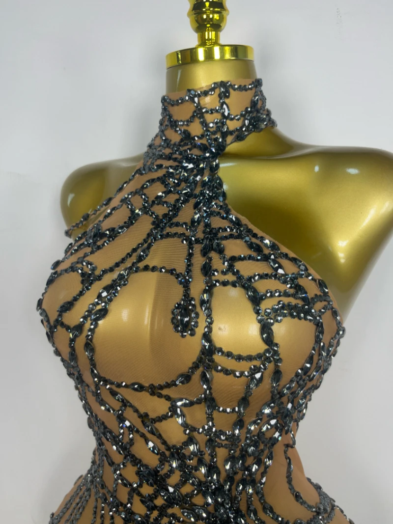 Frauen Führen Tanz Kostüm Ärmellose Strampler Party Geburtstag Nachtclub Bühne Outfit Sparkly Strass Stretch Mefh Overall