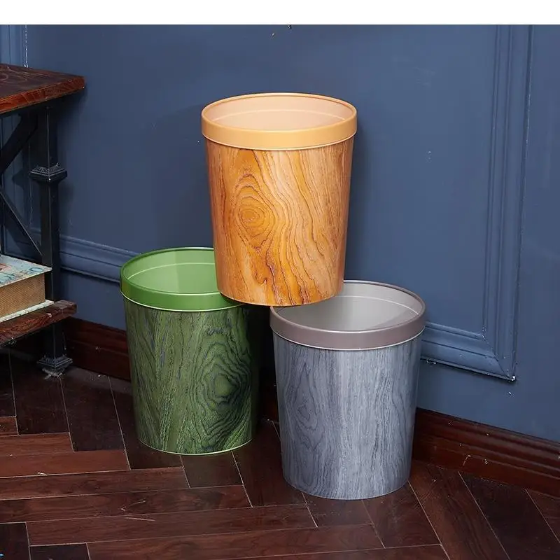 

Retro Imitation Wood Grain Trash Can Round Plastic Garbage Bin Storage Basket Waste Bins Without Cover Kitchen