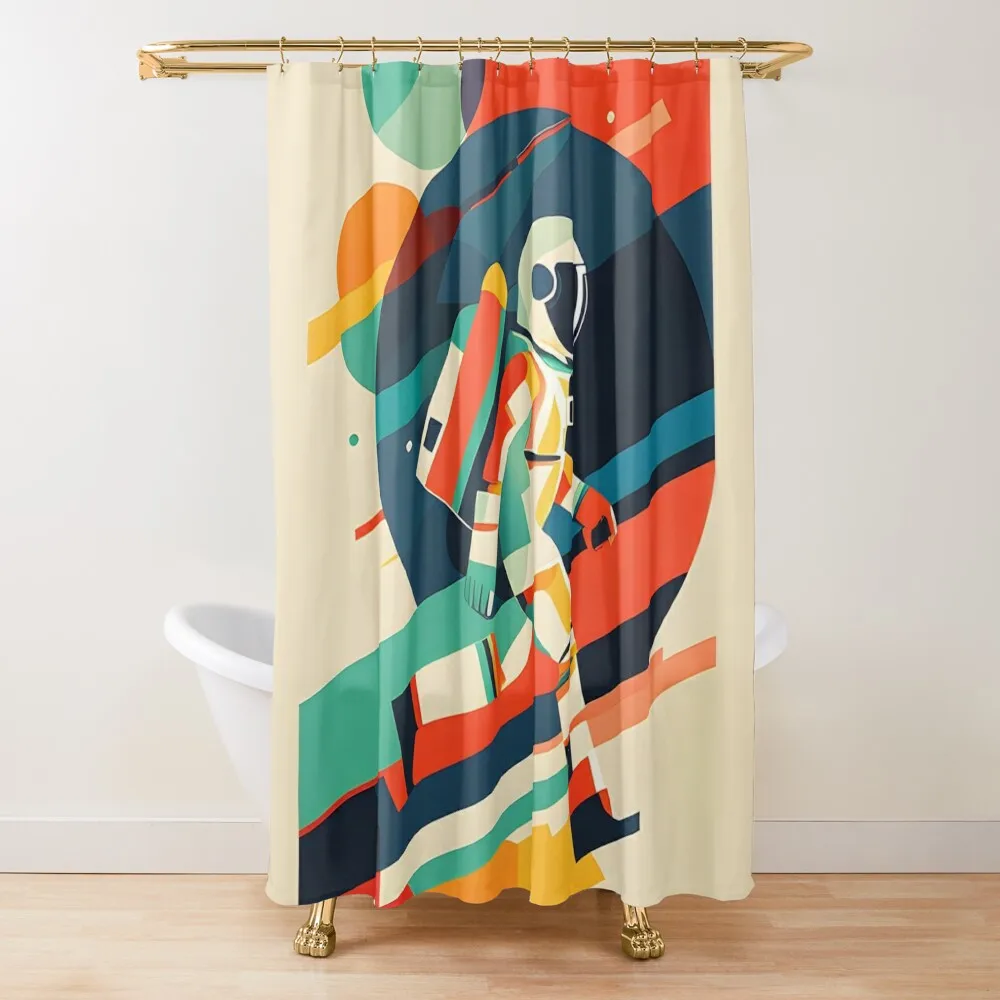 

colorful astronaut walking in space with a retro flair, for science lovers Shower Curtain Luxury Bathroom Shower Curtain