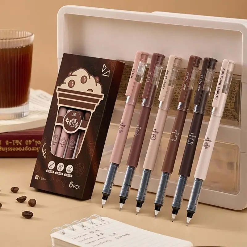 62KA 6 PCS 0,5mm Gel Pen Pen Pen Coffee Gel Pen Quà tặng Bút thông thường viết Bút viết