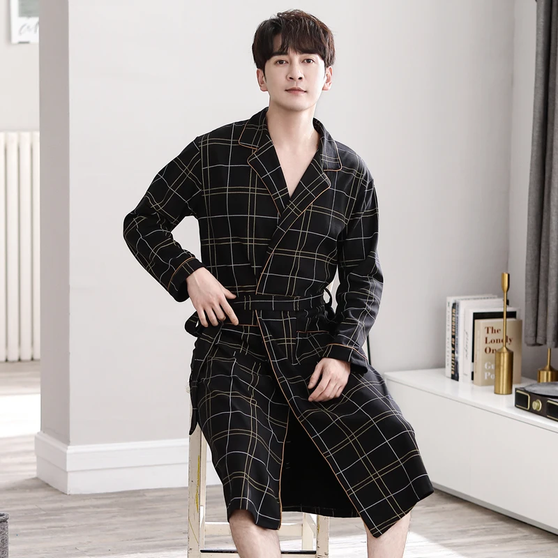 Casual Plaid Men Long Nightgown Kimono Bathrobe Gown Cotton V-neck Intimate Lingerie Long Sleeve Spa Robes Sleepwear For Male