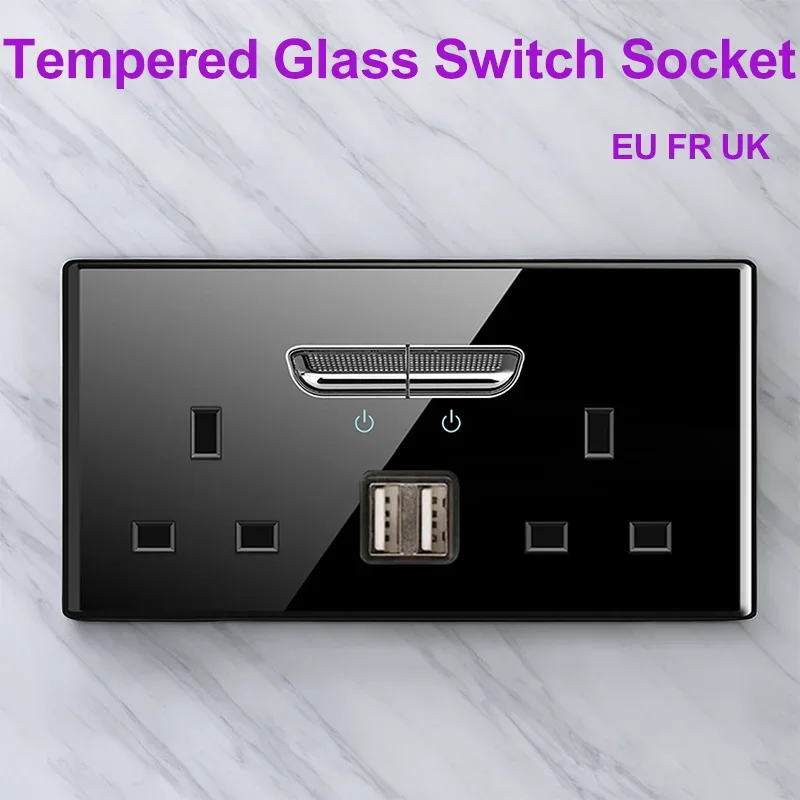 

Tempered Glass Switch Socket UK EU FR Standard, Self-Reset 1 2 3 4 Gang Wall Panel with Indicator Light, 86x86mm