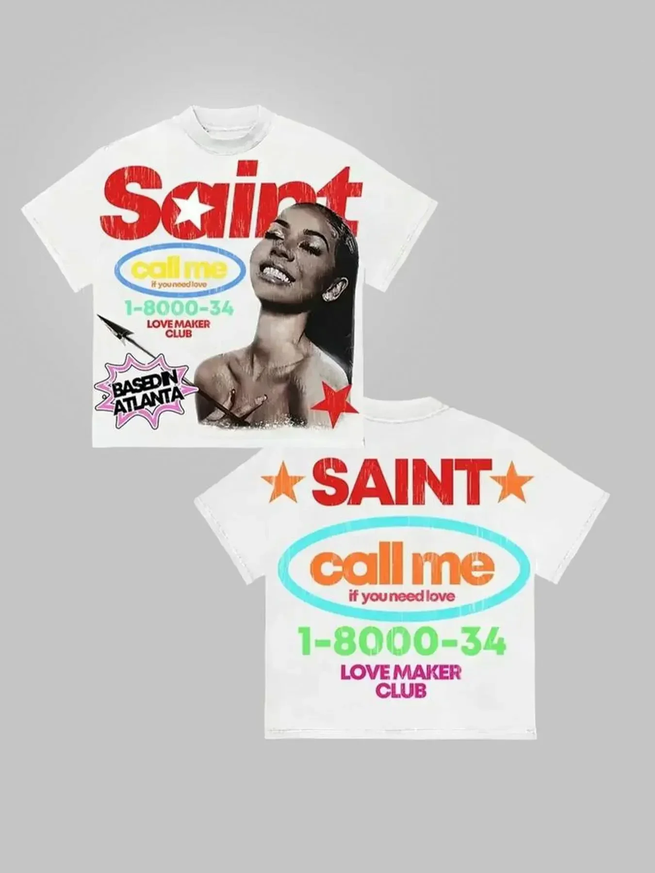SAINT Men's 'Call Me 1-8000-34' Love Maker Club Phone Number T-Shirt - Red Text & Star Print, Loose Fit Crew Neck Short Sleeve S