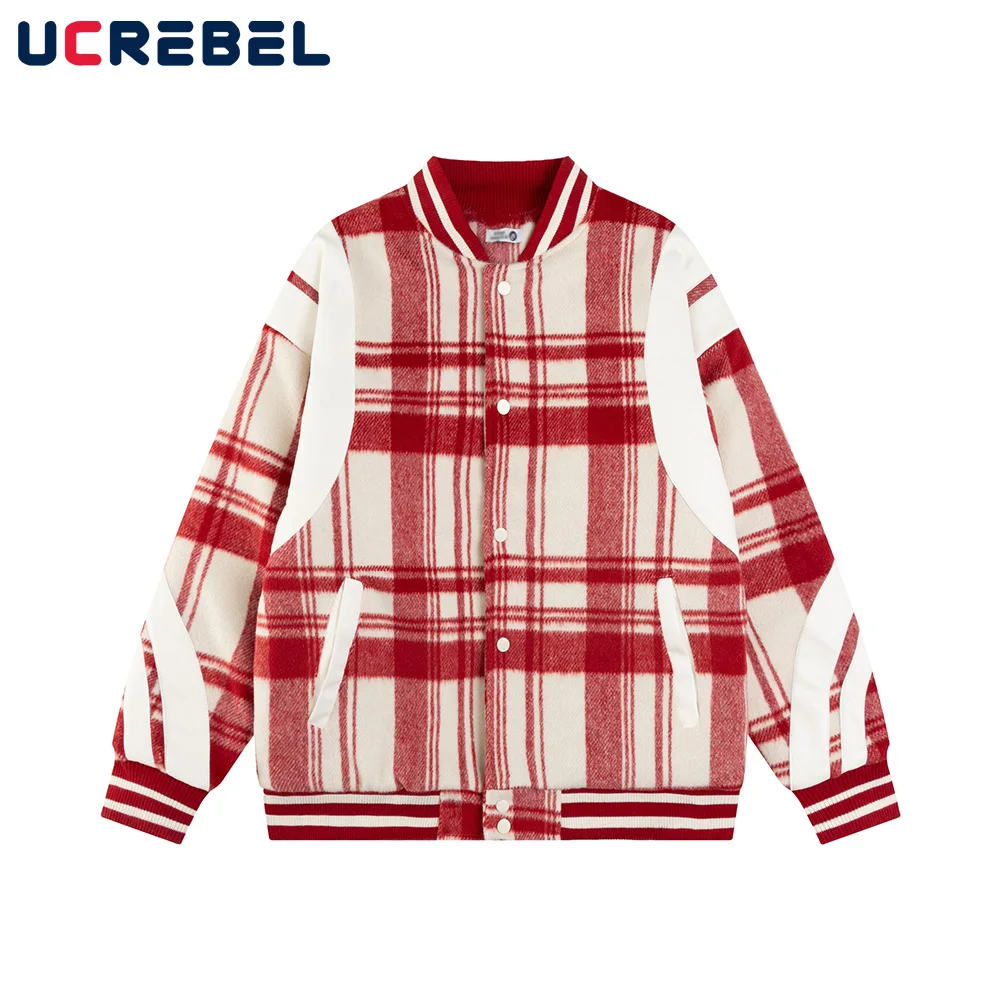 Plaid Contrast Paneled Quilted Jacket Mens Retro High Street Winter Long Sleeve Single Breasted Thick Baseball Jacket Men