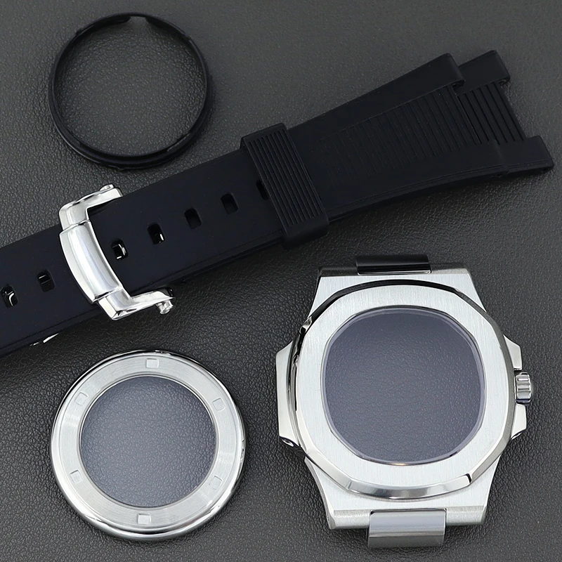 40mm Rose Gold NH35 Case for Mod Nautilus Watch Case Rubber Strap For NH35 NH36NH34 NH72 4R36 Movement Sapphire Glass glass back