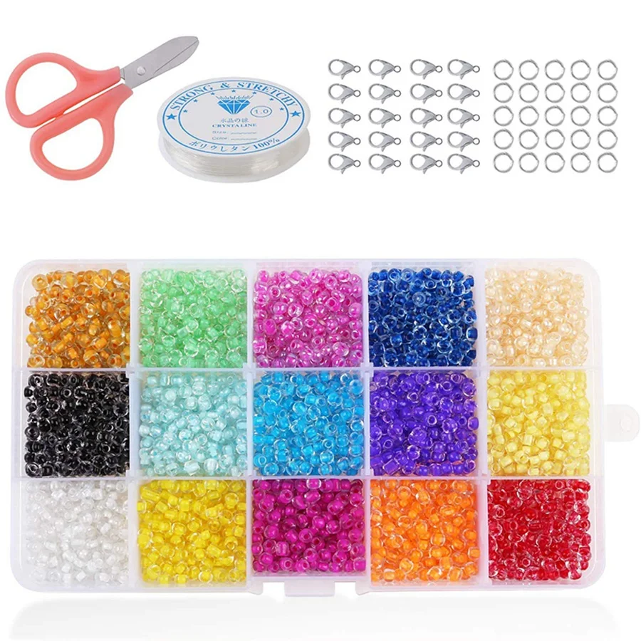 AB72-7500Pcs Glass Seed Beads, Mixed Colors Small Beads Assorted Kit Multi Colors Lustered Loose Spacer Beads, 3mm Round, Hole 1