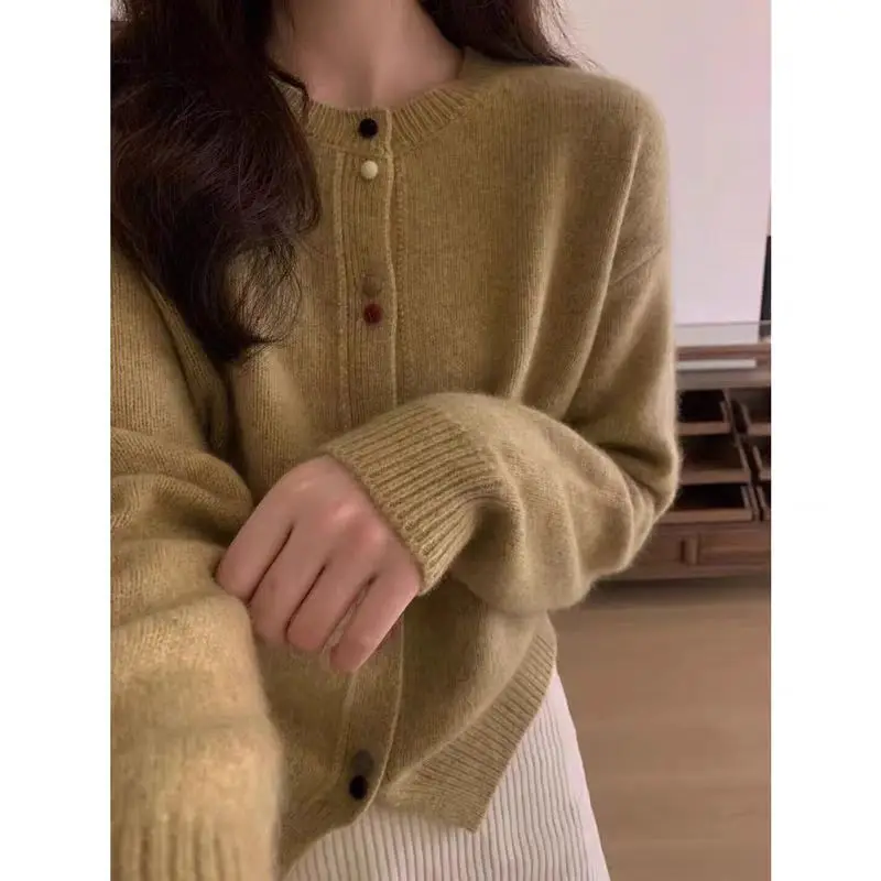 100% Merino Wool Autumn Winter Women Sweater Round Neck Knit Cardigan Multi Color Buttons Loose Soft Wool Fit Knitted Jacket