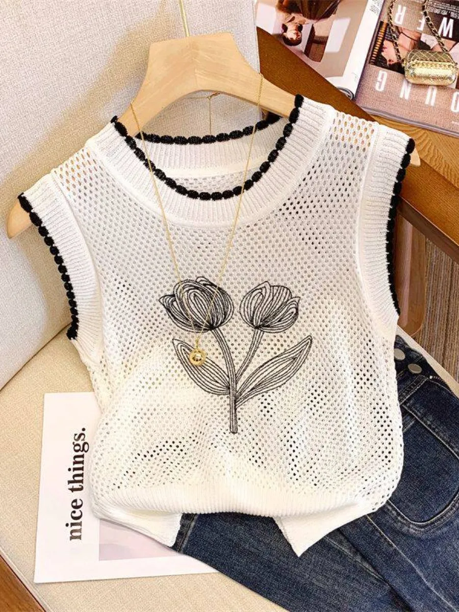 エレガントな花柄刺繍ホローニットベスト-レディース-春夏新作-ツーピースセット-おしゃれなミニマリストデザイン