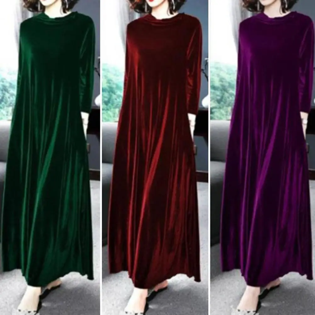 Dressing Up Comfortable Pleated Swing Large Hem Pure Color Velvet Dress for Shopping