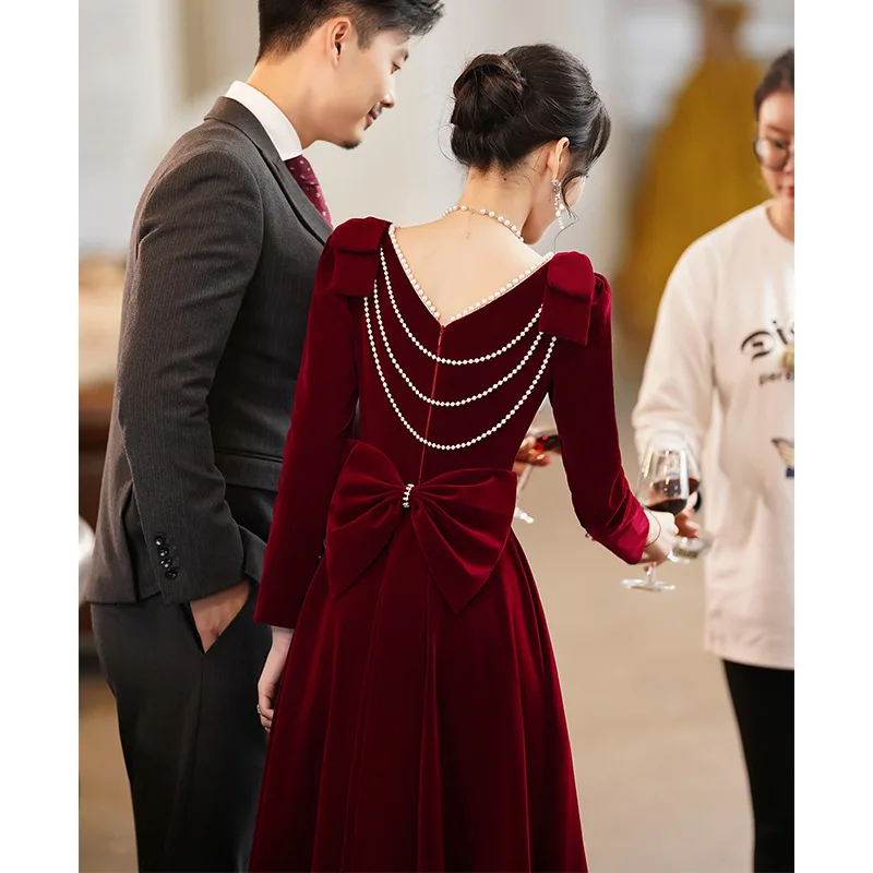 Burgundy Velvet Evening Dress Elegant Beaded Square Collar Engagement Dresses Temperament Bow Long Sleeve Formal Banquet Gown