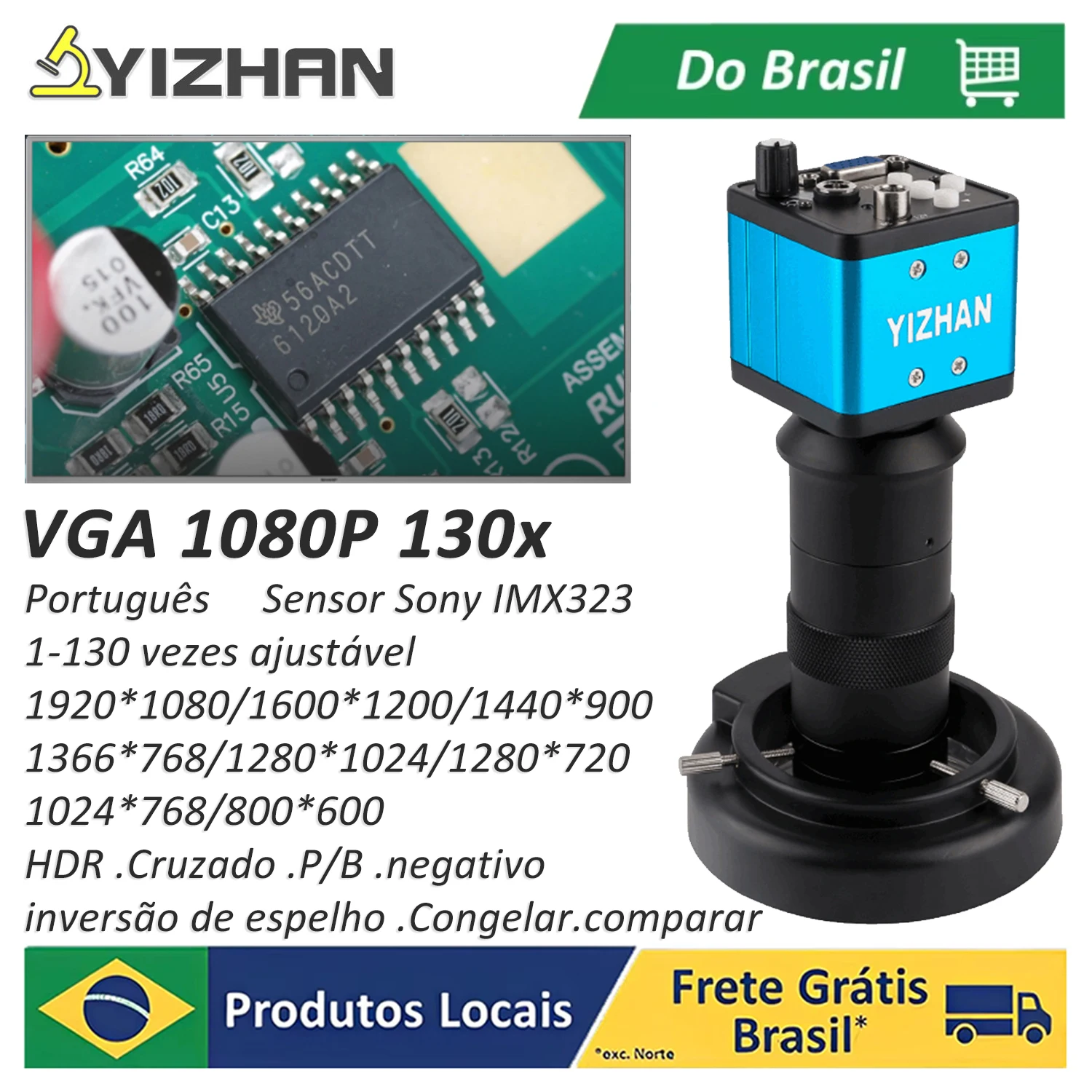 Câmera de microscópio digital industrial YIZHAN 13MP 1080P VGA com lente ajustável de 130X para soldagem de PCB e reparo de telefones. Sem impostos adicionais para remessas locais no Brasil.