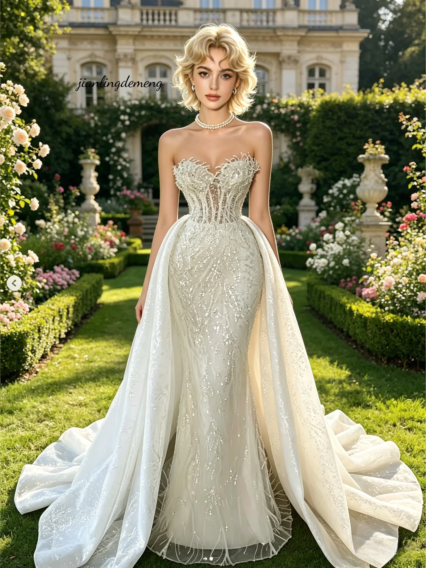 Luxury White Sequin Mermaid Wedding Dress Strapless Sweetheart with Overskirt Bridal Gown for Women Customized