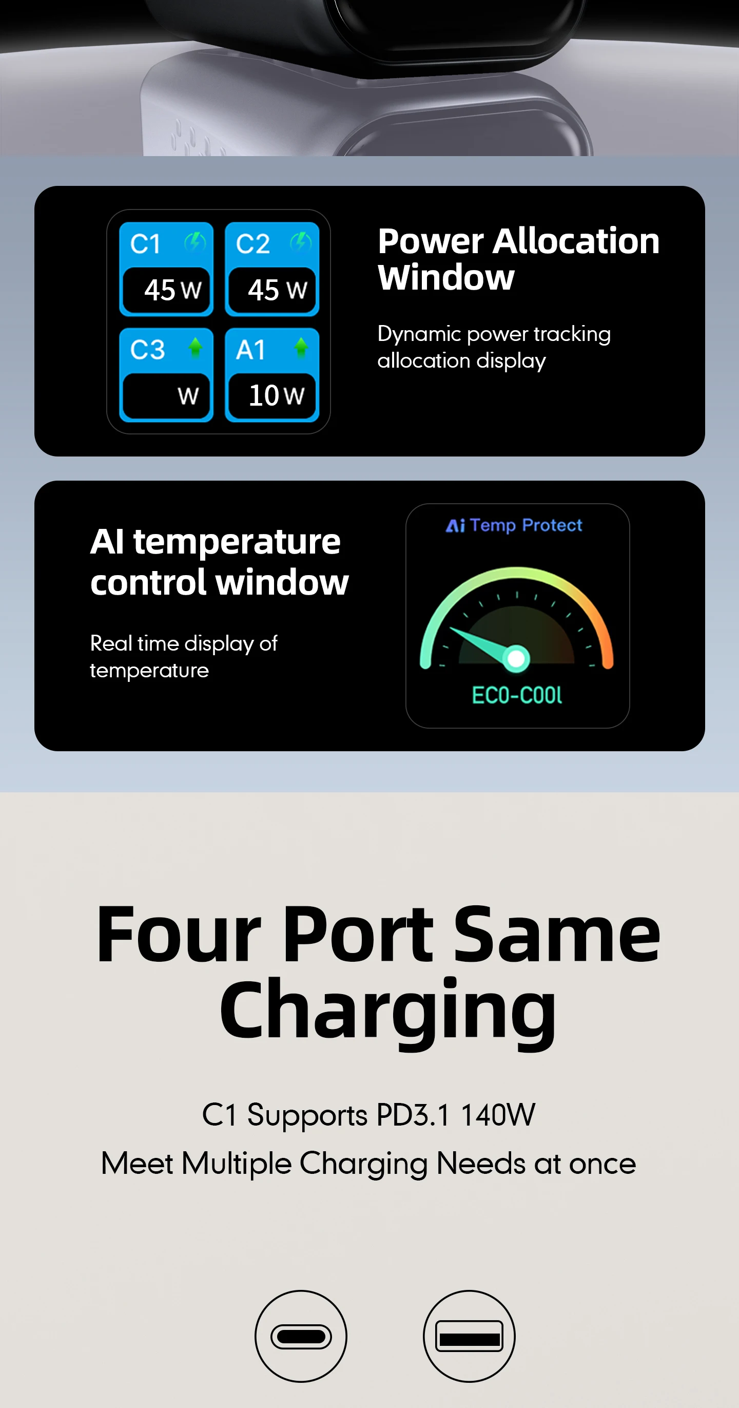 148W GaN Wandmontiertes Multi-Port-Ladegerät mit Display, 4 USB-C und 1 USB-A Schnellladeadapter für Handys und Tablets – Detail 7