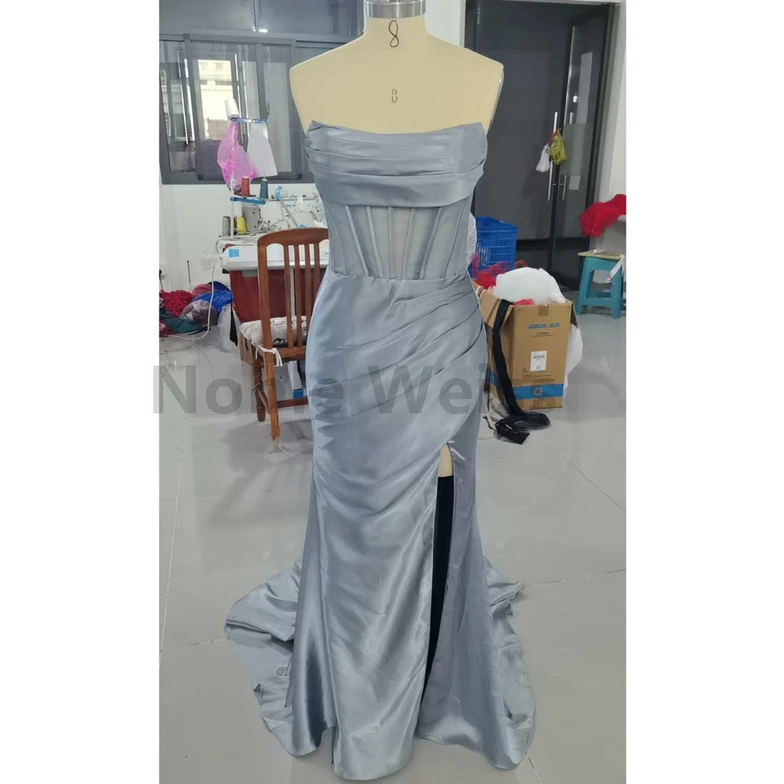 ストラップレスサテンマーメイドドレス,スリット付き,花嫁介添人ドレス,フォーマルなイブニングドレス,ロングウエディングドレス,カスタマイズ