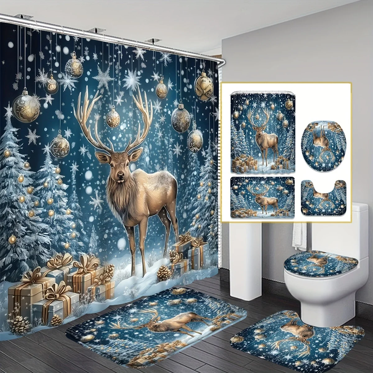 

4Pcs Xmas Moose Bath Set – Merry Christmas, Shower Curtain, 12 Hooks, Non-Slip Mat, U-Seat, Holiday Bathroom Decor