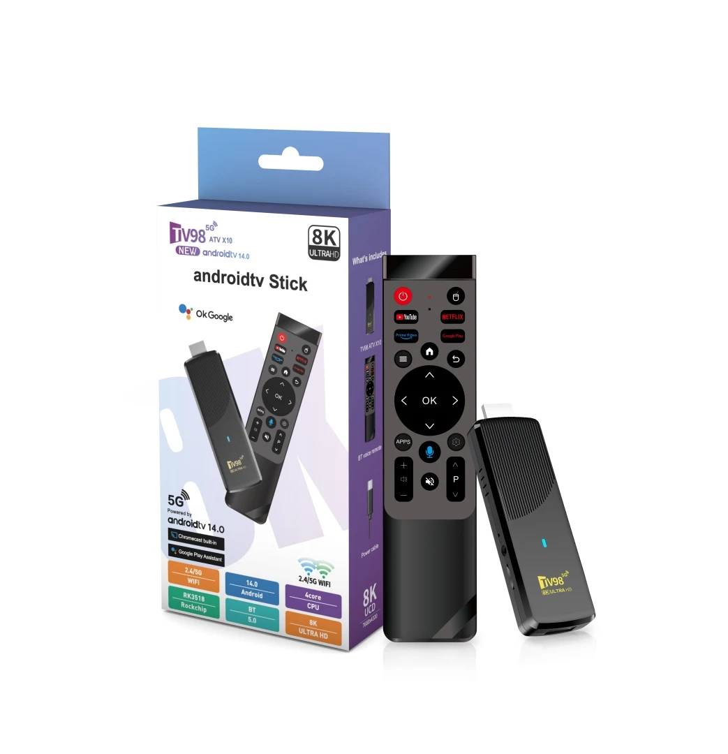 TV98 ATV X10 TV Stick Android 14 RK3518 Dual-Band WiFi 2.4G/5G 4K 8K Decodering Spraakafstandsbediening Streaming Media Player