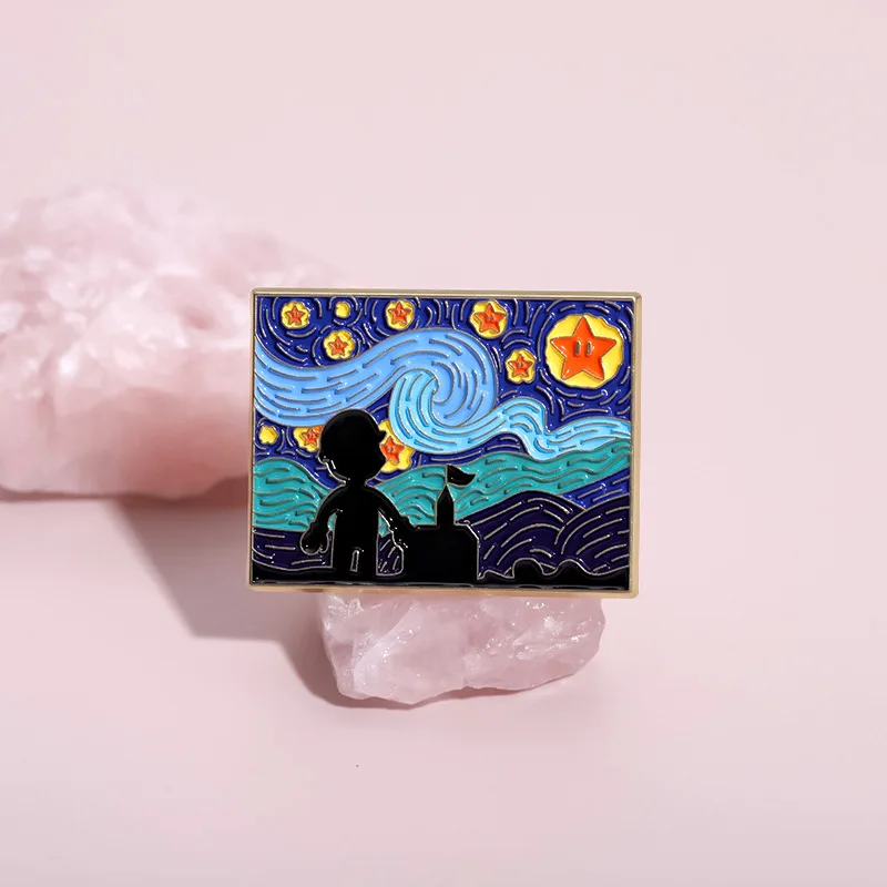 Broche creativo de la serie de pintura al óleo, sol, luna, cielo estrellado, arte de dibujos animados, aguja líder creativa