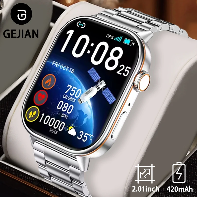 

GEJIAN New Men's Smart Watch 2.01-inch TFT HD Screen 240 * 296 Resolution Built in GPS Voice Assistant Men's Call Watch