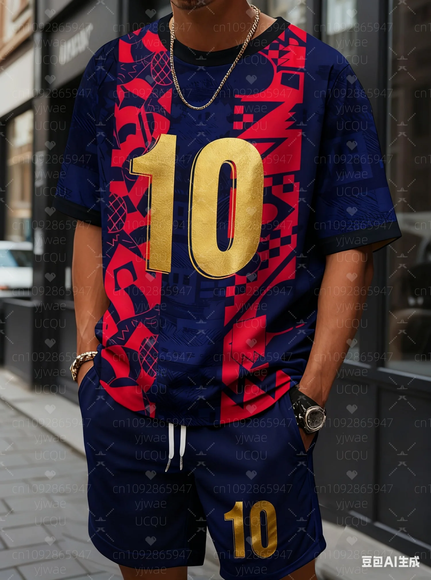 

2025 Men Number 10 Jersey Stripe Set Short Sleeve Football T-Shirt Shorts Set Adult Jogging Plus Size Tracksuit 2 Piece Set