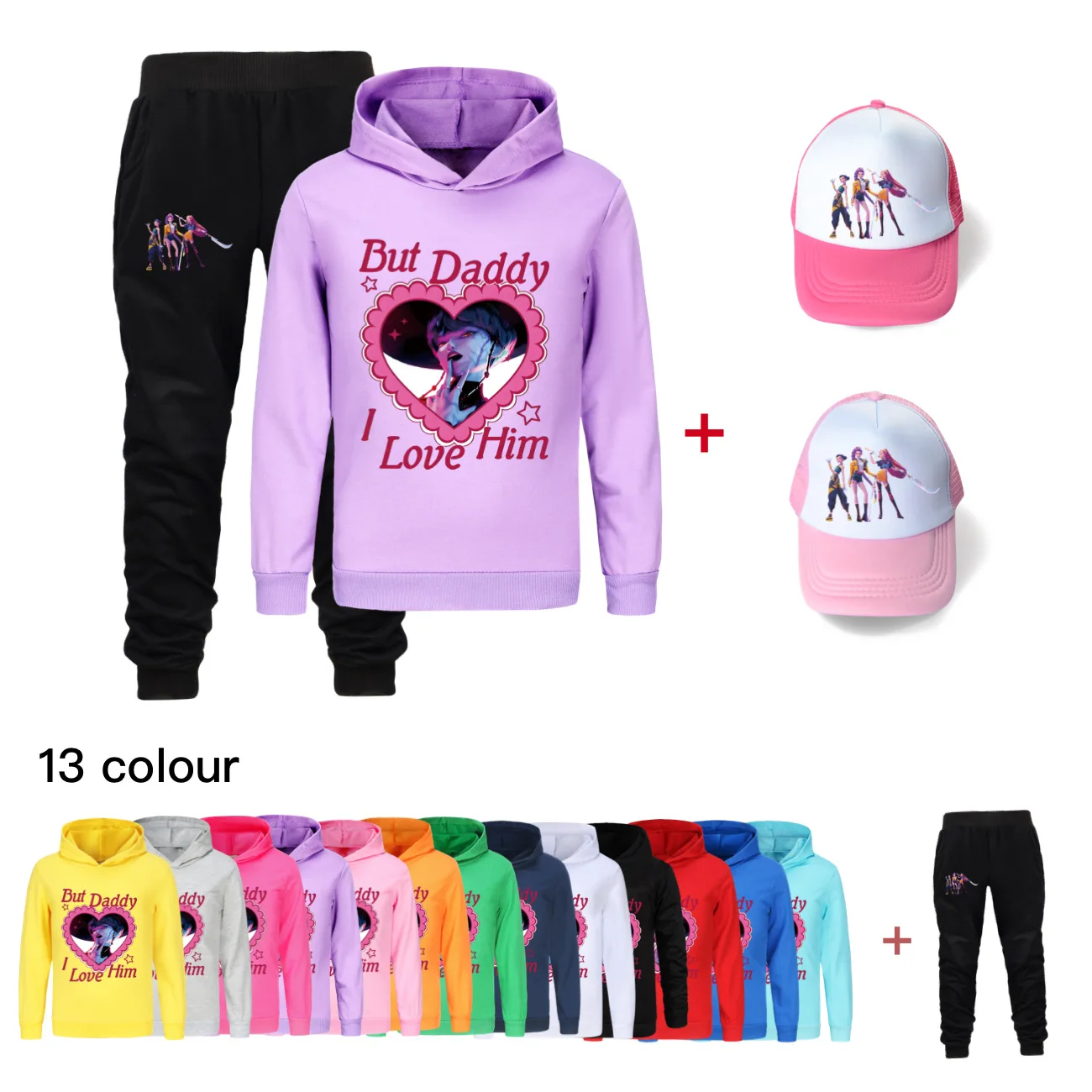 

Детская толстовка с капюшоном KPop Demon Hunters Huntrix + спортивные штаны + шапка, комплекты из 3 предметов, толстовки для мальчиков, повседневная одежда для девочек-подростков4803