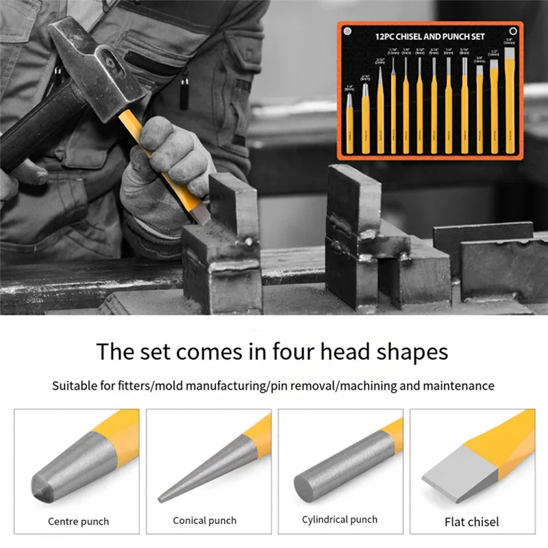 

ABPQ-12-Piece Punching Set Masonry Chisel Flat Cylinder Punching Set Durable Easy Install