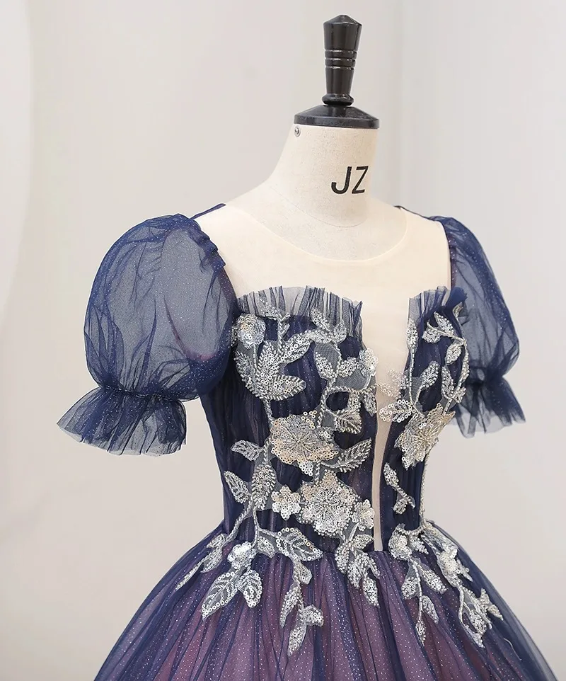 Vestidos De Quinceañera De princesa azul marino, manga corta, cuello en V, apliques De lentejuelas, fiesta dulce 16, 15 Años