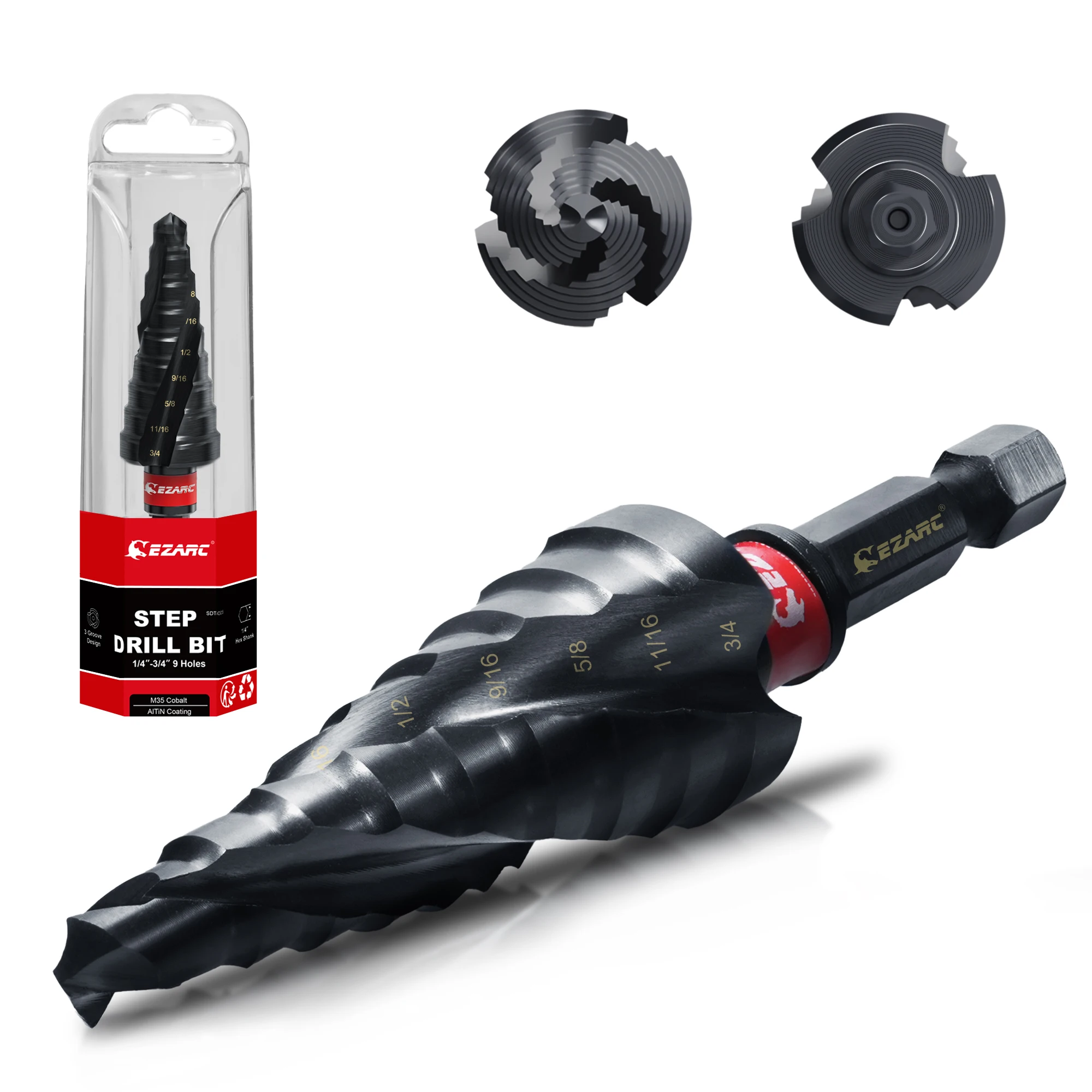 EZARC Step Drill Bit 1/4''-3/4'', Multi-purpose M35 Cobalt Spiral Flute Unibit Step Drill Bit, Wear-Resistant AlTiN Coated